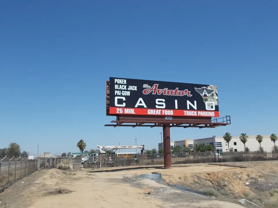 Aviator Casino billboard beside Highway 99 in Bakersfield