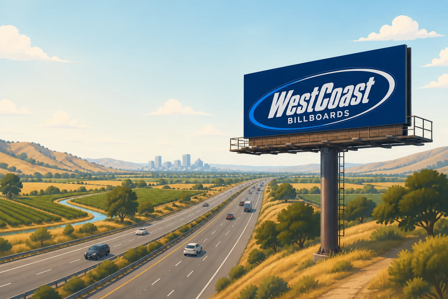 Illustrated Central California freeway with a WestCoast billboard